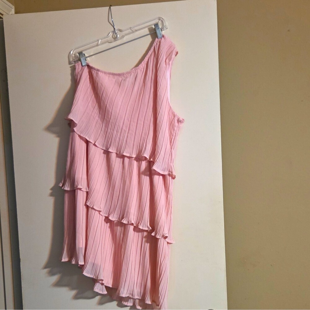 ZESICA Pink One Shoulder Pleated Ruffle Layered Long Sleeve Mini Dress XL
